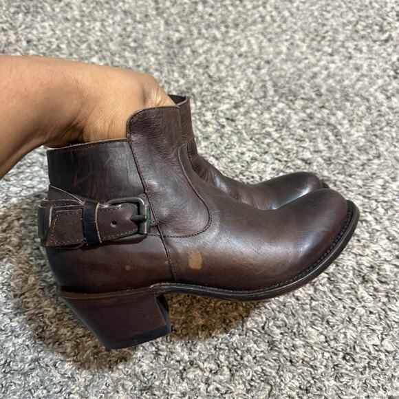 JB Dillon Brown Leather Ankle Boots Buckle Size 5.5 B Block Heel Zip - Picture 3 of 7